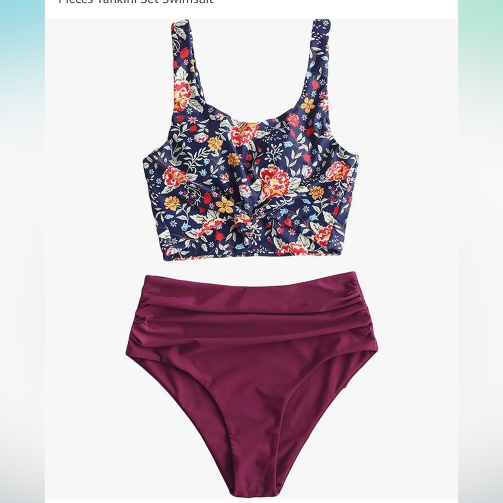 NWT ZAFUL High Waisted Tankini Scoop Neck Knotted Two Pieces Tankini Swimsuit